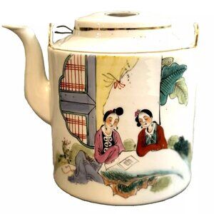 Antique Chinese Famille Rose Porcelain Teapot w/ Ladies and Signed
